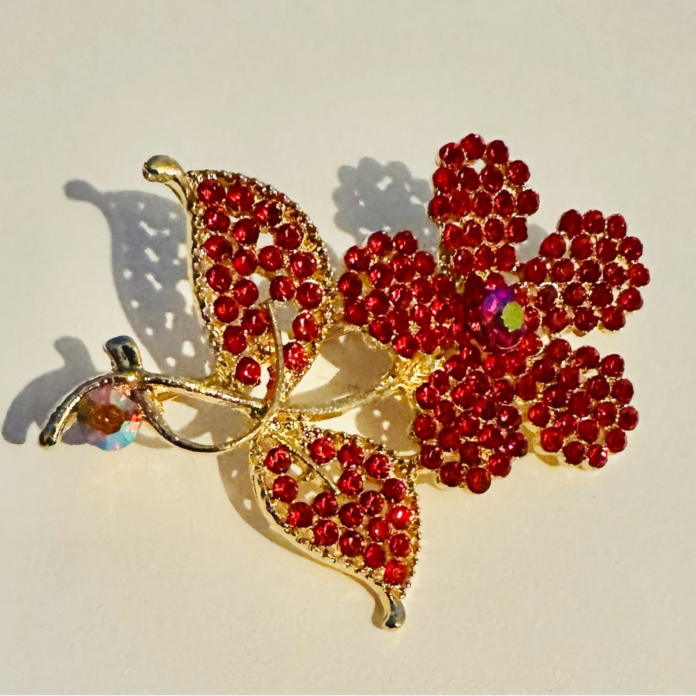 Elegant Gold Tone with  Red Rhinestone Floral Brooch